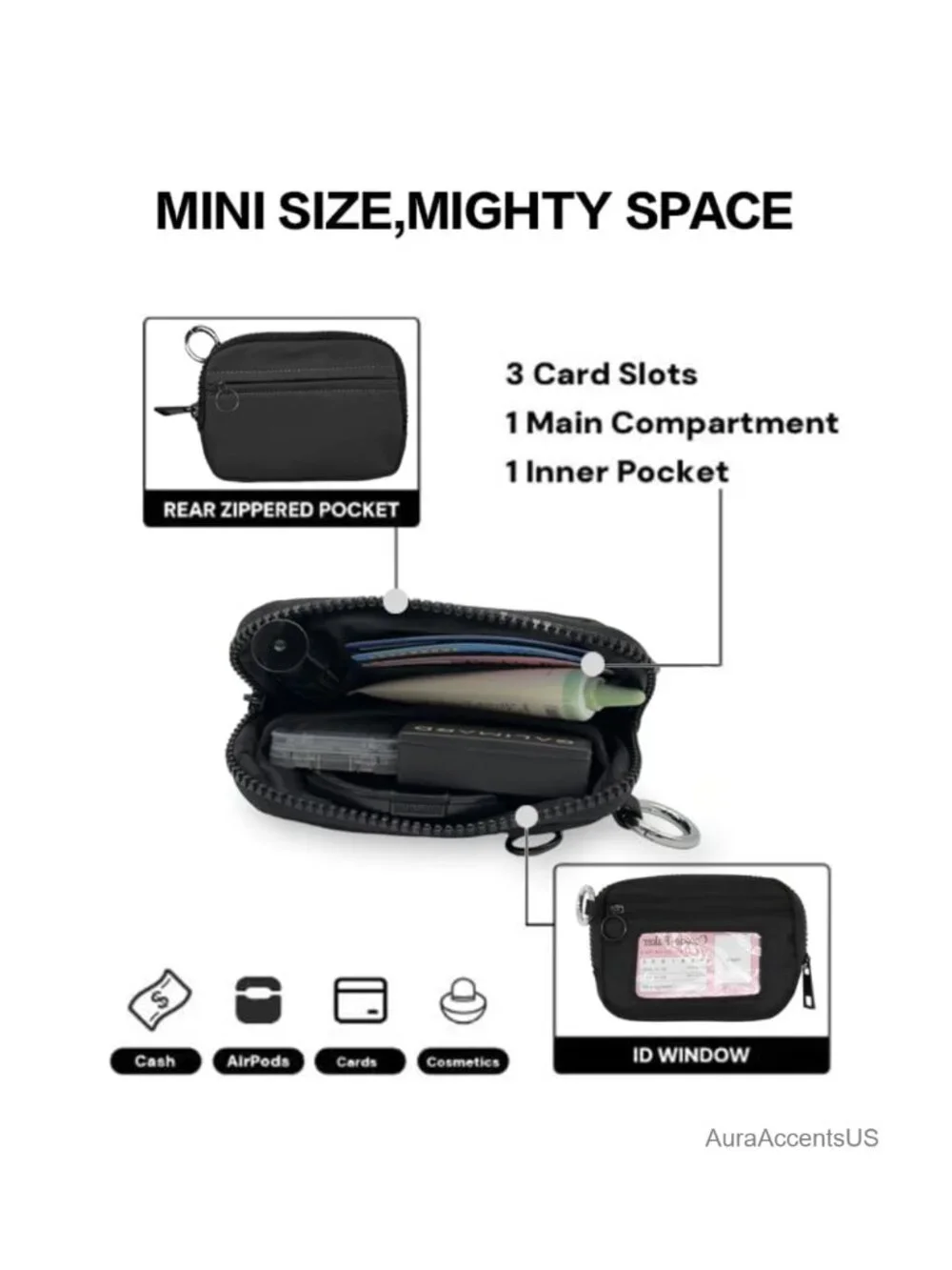 Compact RFID Blocking Wristlet Wallet with Clear ID Window, Zippered Coin Purse